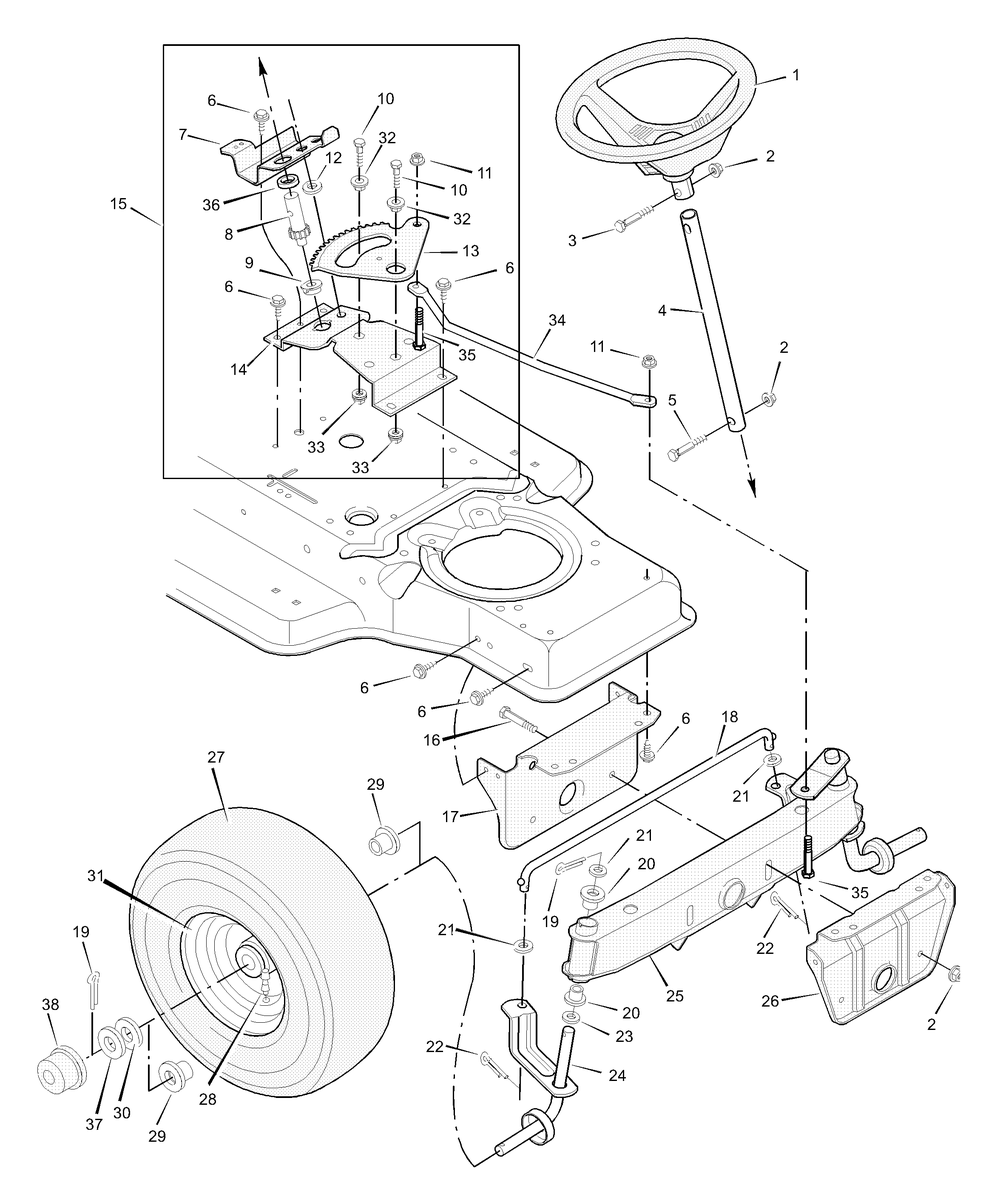 Steering Diagram and Parts List for 387000X92A 2003 Briggs and Stratton Lawn Tractor